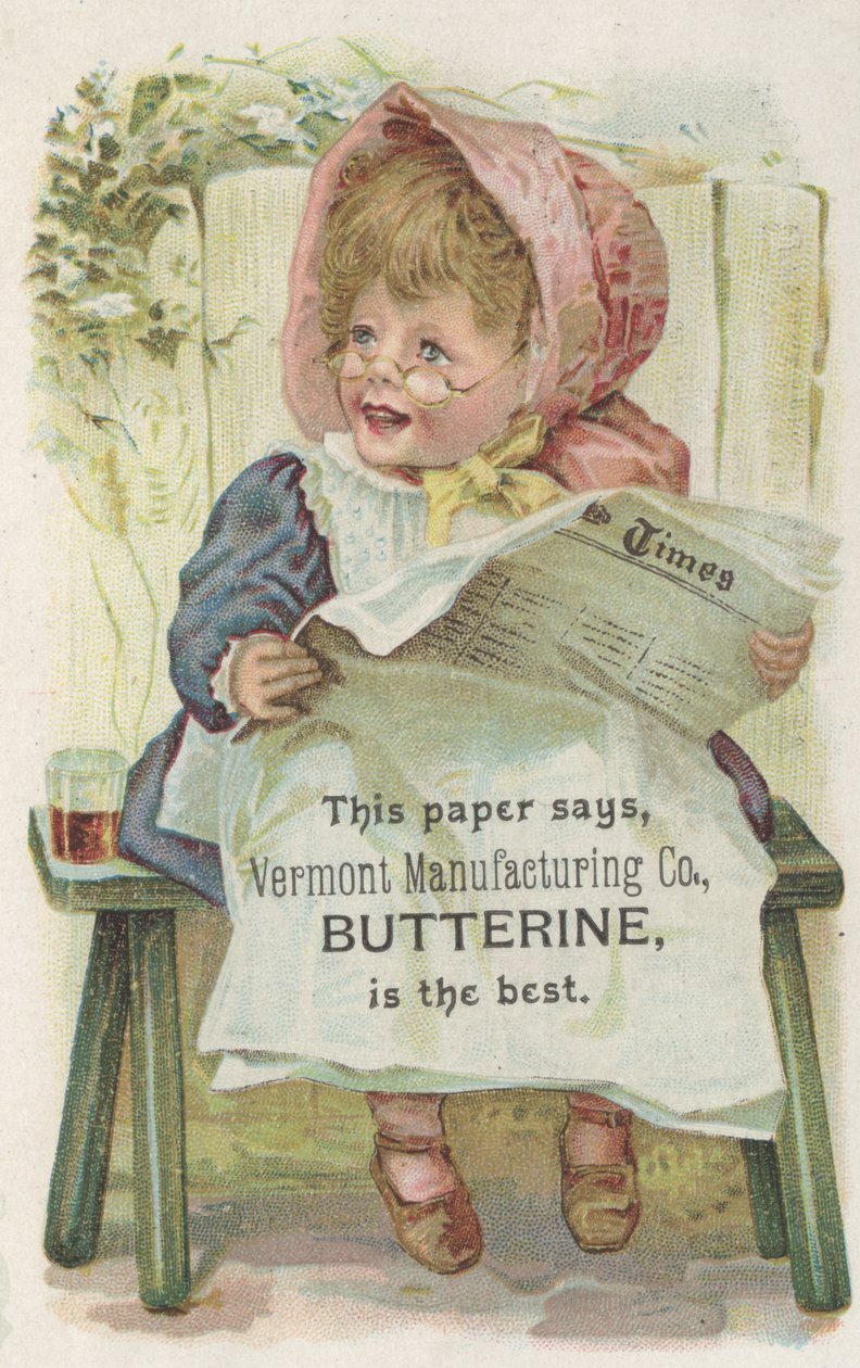 Mainos yhtiölle Vermont Manufacturing Co. Butterine, n. 1880 tekijältä American School