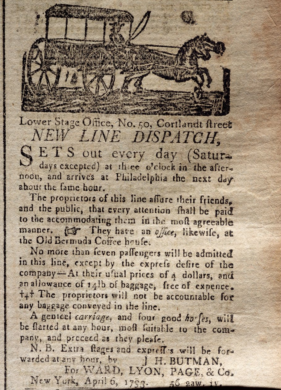Mainos New Line Dispatchille, The New York Journal & Patriotic Register, 6. huhtikuuta 1793 (painettu) tekijältä American School