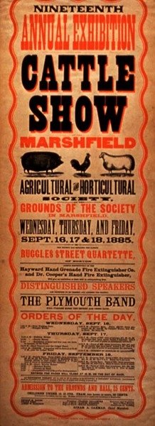 Mainos Marshfieldissä, Plymouthin osavaltiossa, Massachusettsissa, järjestettävää "Yhdeksännentoista vuotuista näyttelykarjanäyttelyä" varten (värilitografia). tekijältä American School