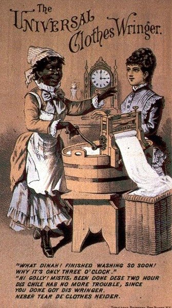 Mainos "Universal Clothes Wringer" -koneesta, jossa on musta piika, 1800-luvun loppu (värikaiverrus) tekijältä American School