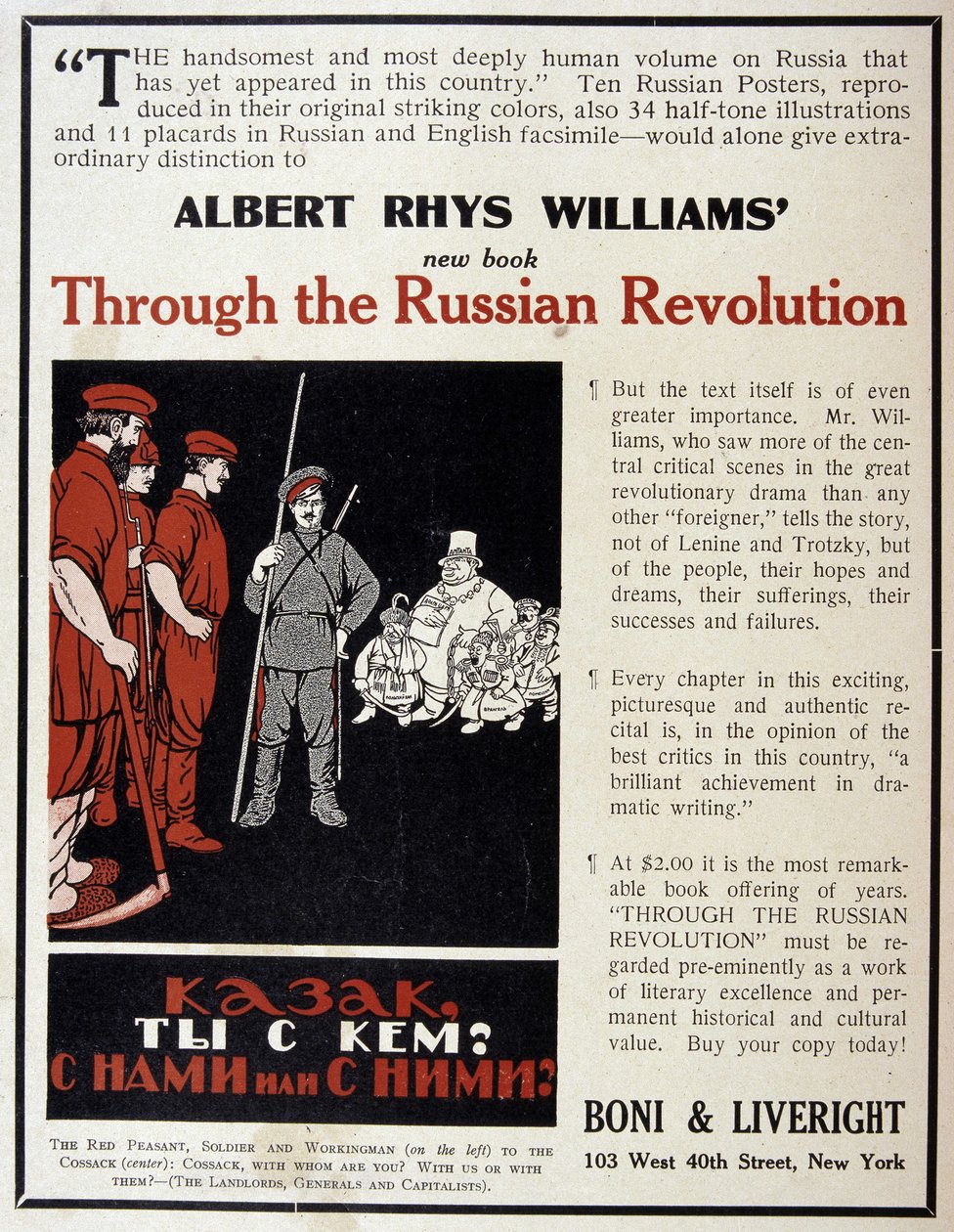Mainos Albert Rhys Williamsin kirjan ""The Russian Revolution"" myynnistä amerikkalaisessa lehdessä tekijältä American School