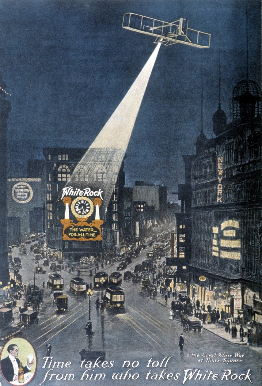 Alkoholimainonta "" White Rock"": Lentokone, joka valaisee "White Rock" -julisteen, joka roikkuu rakennuksessa Times Squarella New Yorkissa. 1912. tekijältä American School