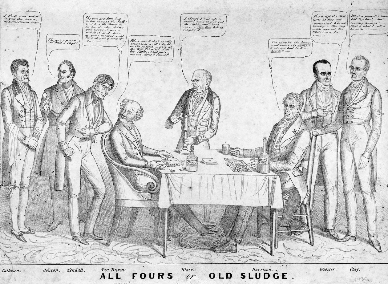 All Fours or Old Sludge, poliittinen sarjakuva, jossa presidentti Martin Van Buren (1782-1862) pelaa korttia William Henry Harrisonia (1773-1841) vastaan muiden valtiomiesten ja poliitikkojen kanssa, 1836 (litho) tekijältä American School