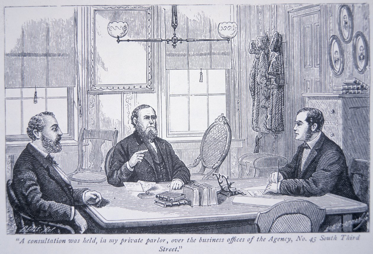 Allan Pinkerton yhteistyössä asiakkaiden kanssa Philadelphian toimistossaan tekijältä American School