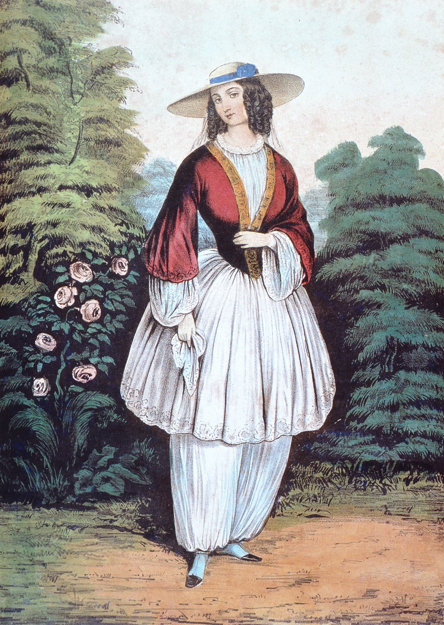 Amelia Jenks Bloomer yllään "Bloomer"-asu, julkaisija N. Currier tekijältä American School