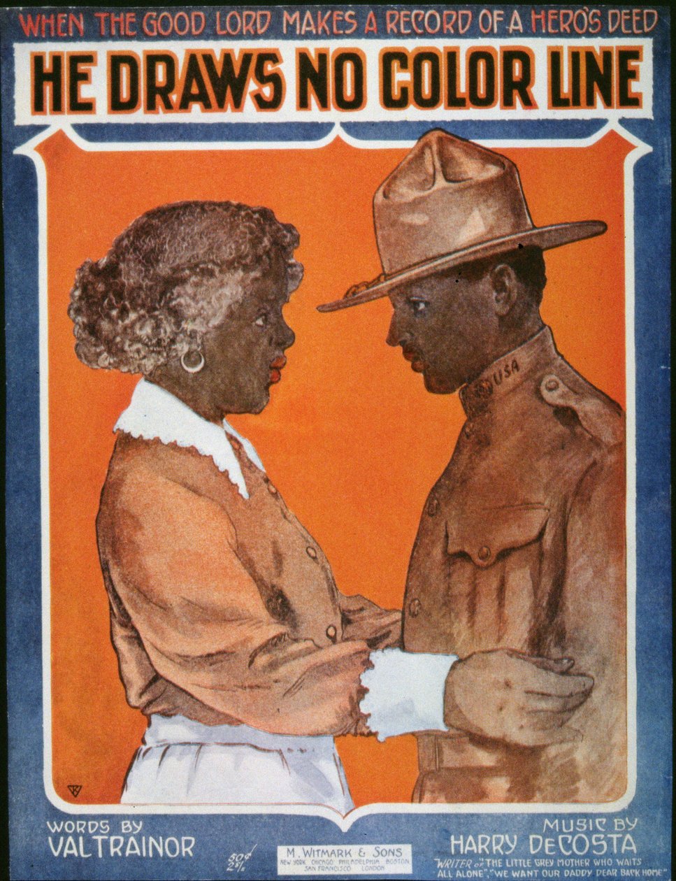 Amerikkalainen ensimmäisen maailmansodan laulutaulukko kappaleelle "He Draws No Color Line" (värilitho) tekijältä American School