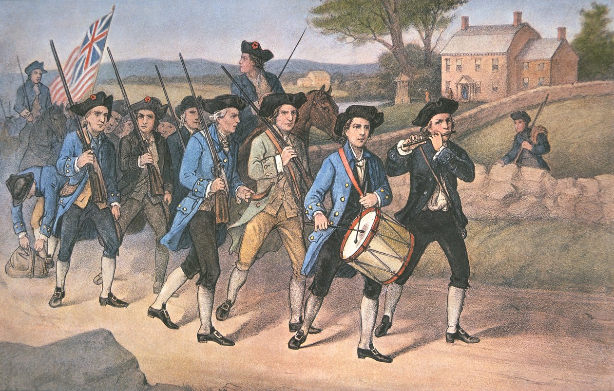 Amerikkalaiset "minuuttimiehet" marssivat brittejä vastaan Fife and Drum -pubin taistelumusiikin tahtiin. kirjoittanut Currier & Ives tekijältä American School