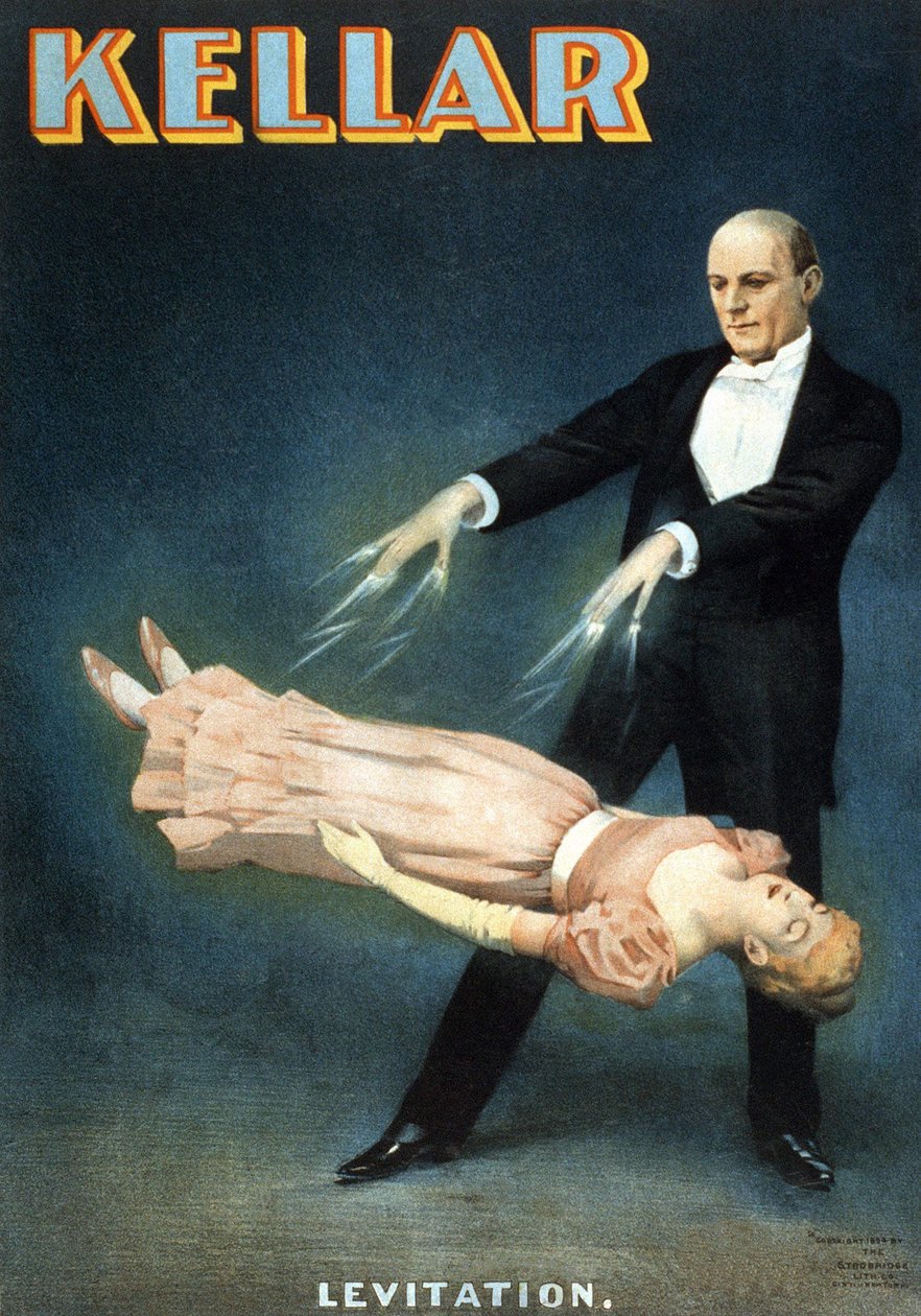 Amerikkalainen juliste taikuri Harry Kellarin (1849 - 1922) esitykseen: "" Levitation"" tekijältä American School