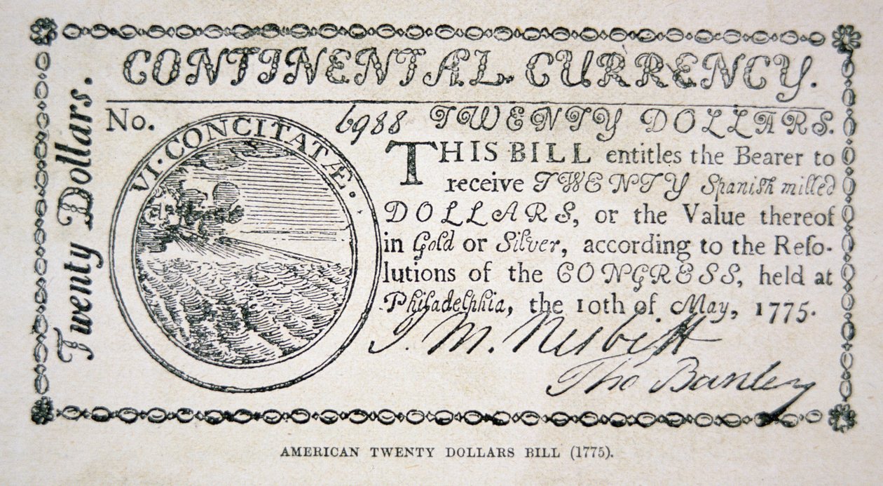 Amerikkalainen kahdenkymmenen dollarin seteli vuodelta 1775 (litho) tekijältä American School