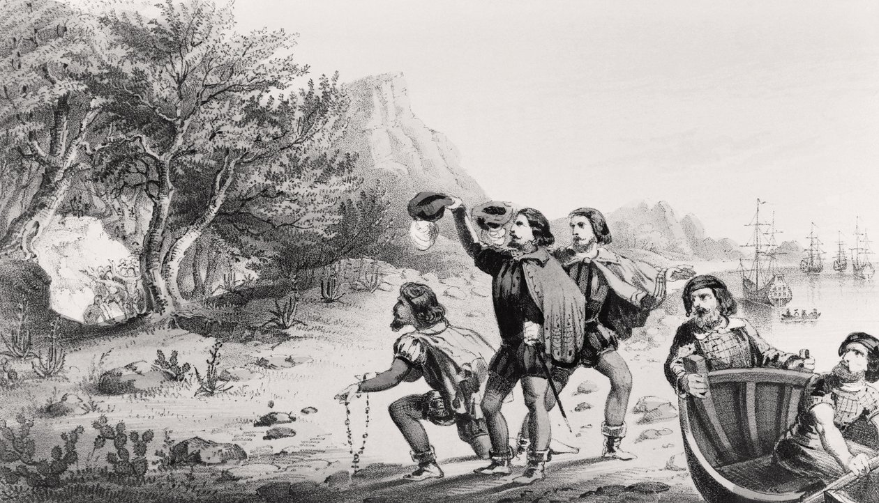 Amerigo Vespucci laskeutuu uuteen maailmaan kirjasta The Life and Voyages of Americus Vespucius, julkaisija Horace Mansfield, New Haven, Connecticut, 1853 tekijältä American School