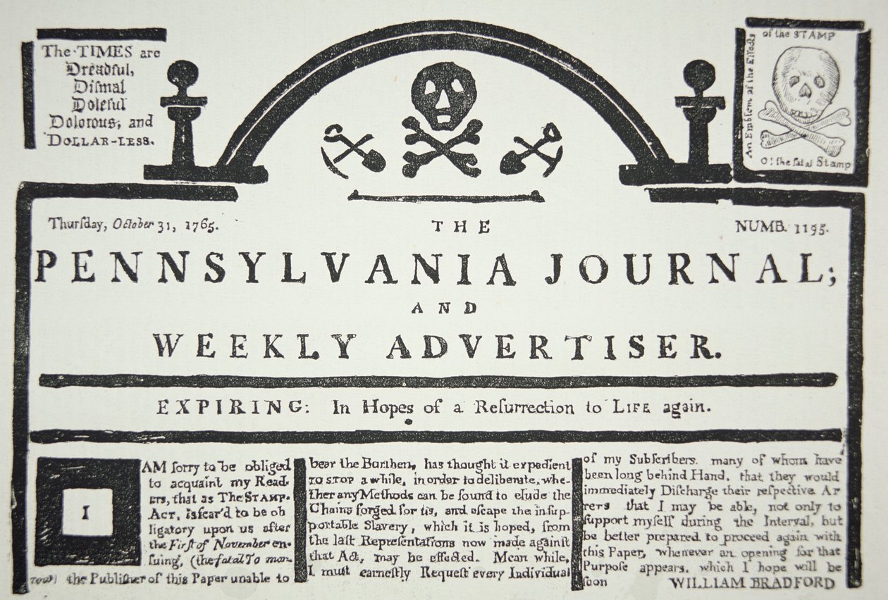 Amerikkalainen vastaus brittiläiseen postimerkkilakiin, pub. Pennsylvania Journal and Weekly Advertiser -julkaisussa 31. lokakuuta 1765 (sanomalehtipaperi) tekijältä American School