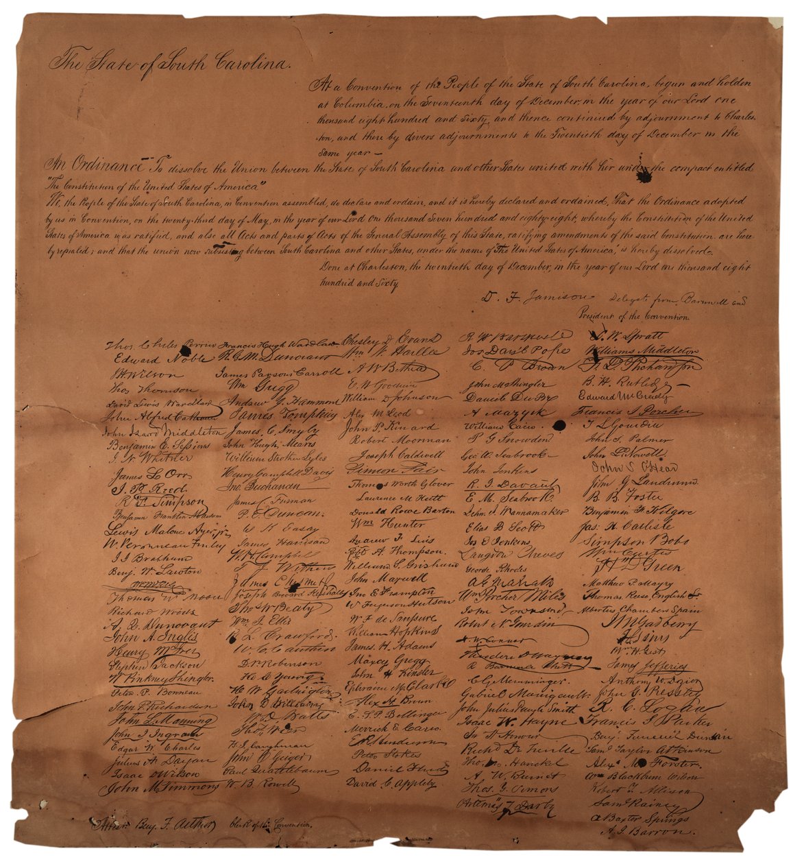 Määräys Etelä-Carolinan osavaltion välisen liiton purkamisesta, 20. joulukuuta 1860, painettu 1861 tekijältä American School