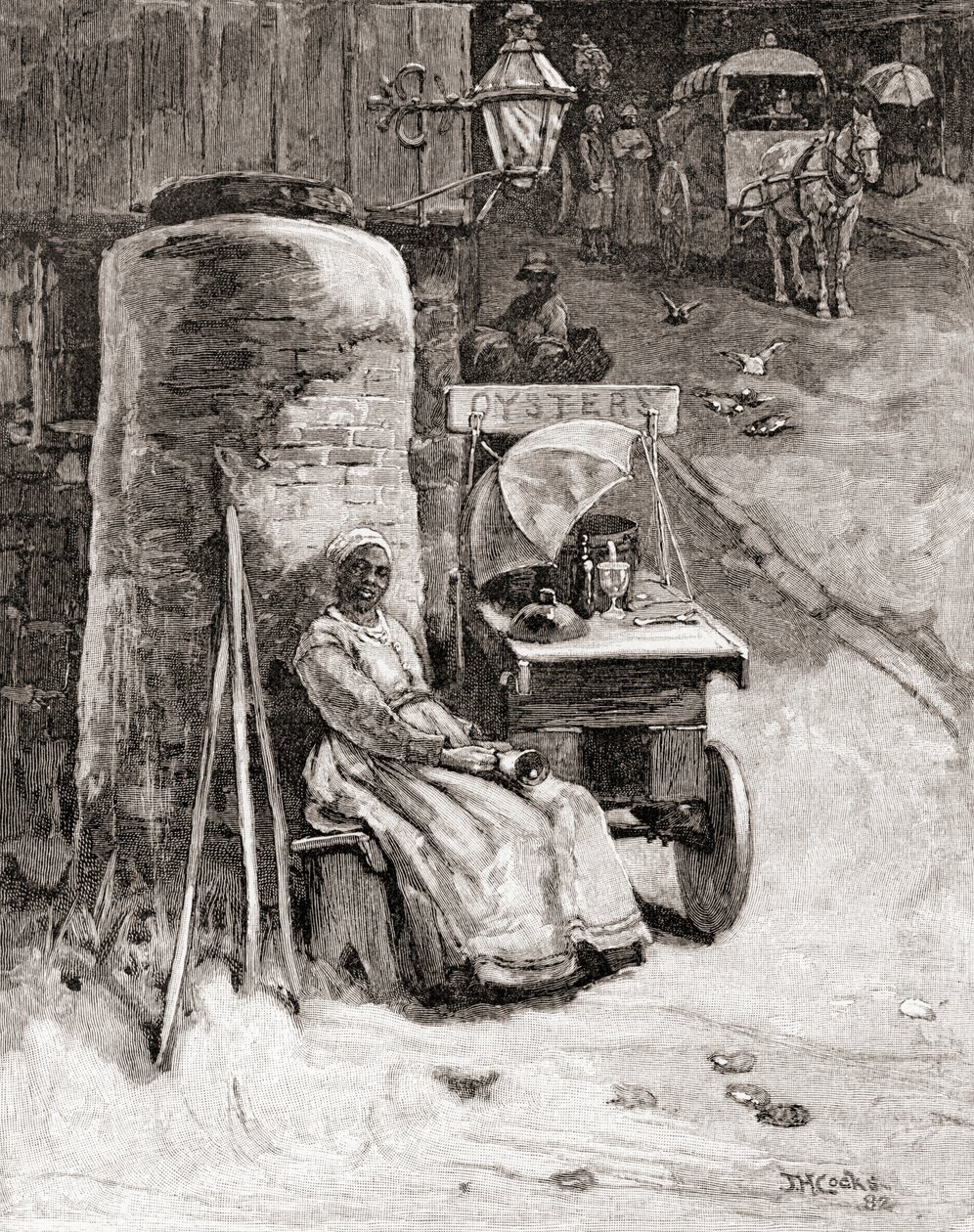 Osterinmyyjä kärryineen lähellä Washingtonin laivastotelakkaa, Washington D.C., 1800-luvulla, vuodelta 1884, The Century Illustrated Monthly Magazine (kaiverrus). tekijältä American School