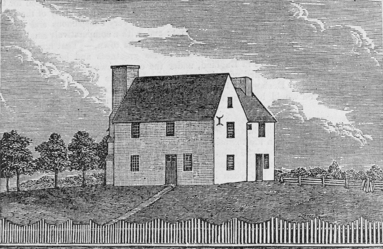 Muinainen talo Guilfordissa, Connecticutissa, "Connecticut Historical Collections" -kokoelmasta, John Warner Barber, 1856 tekijältä American School