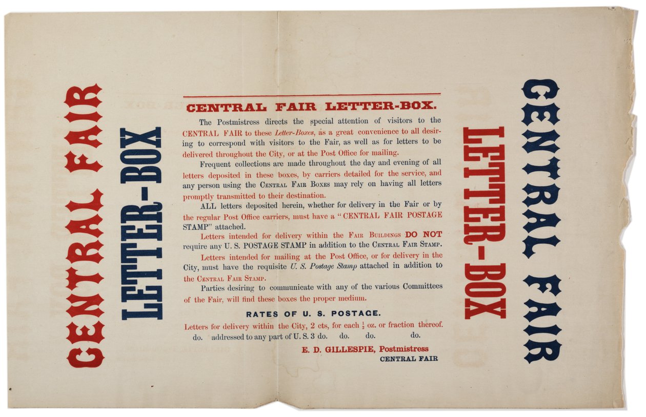 Ilmoitus keskusmessujen kirjelaatikoista, n. 1864 tekijältä American School