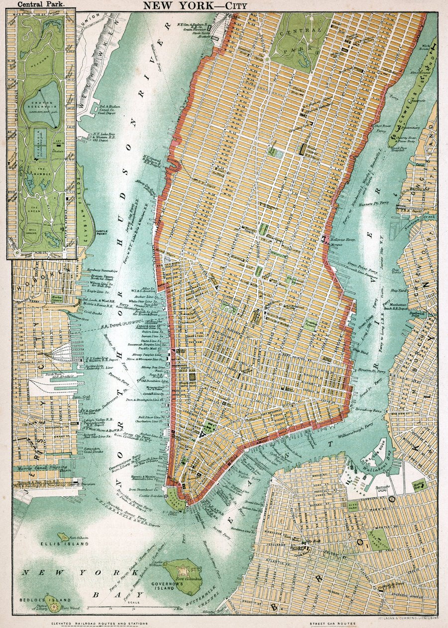 Antiikkinen kartta Lower Manhattanista ja Central Parkista tekijältä American School