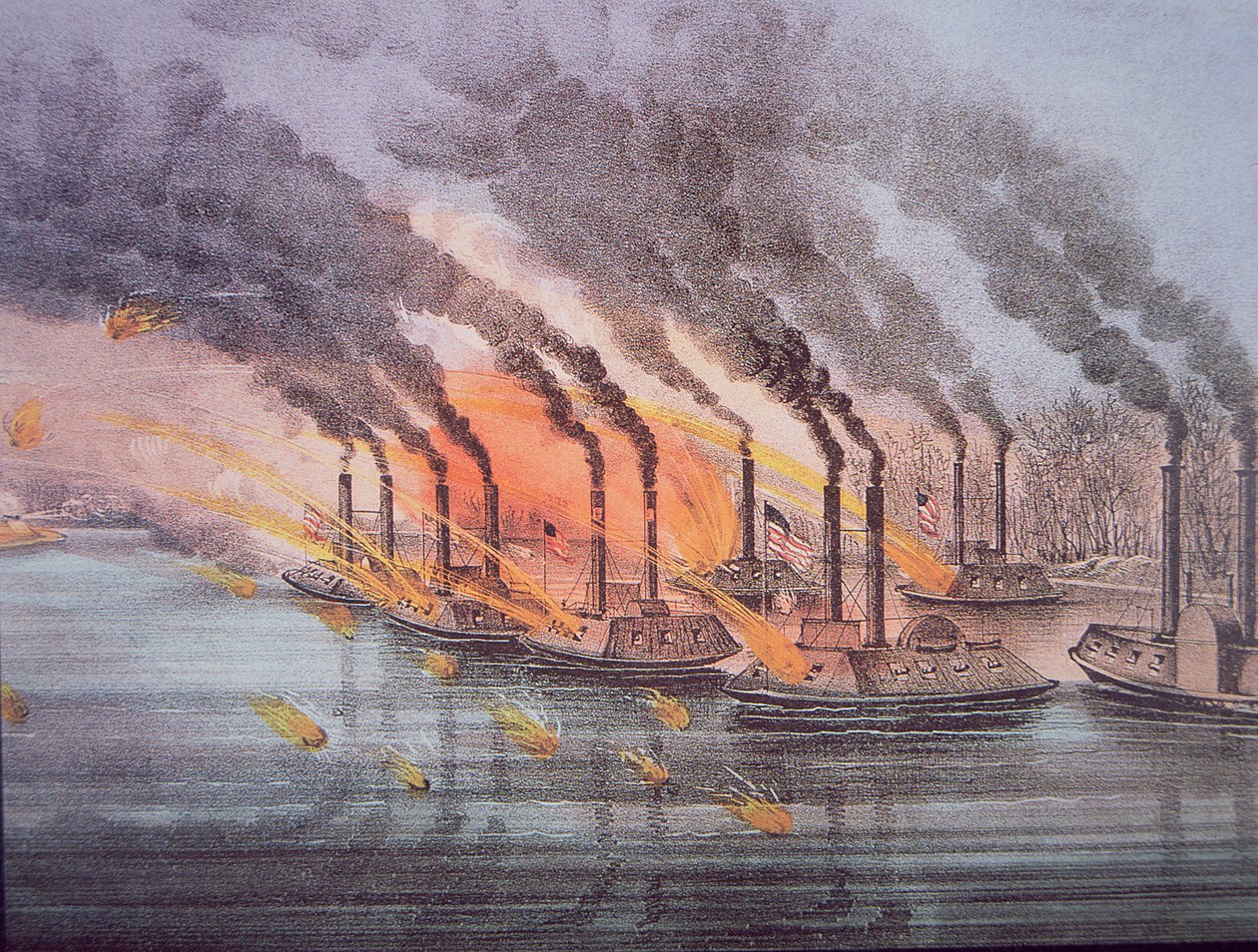 Panssaroidut tykkiveneet, joita komentaa Yhdysvaltain lippuupseeri Andrew Foote, 6. helmikuuta 1862 (värillinen kaiverrus) tekijältä American School