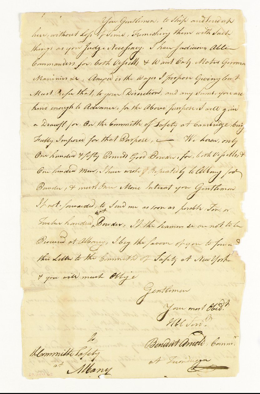 Arnold Benedict (1741-1801) Manner-armeijan kenraali, petturi. Allekirjoitettu nimikirjoituskirje ("Benedict Arnold Commr. at Ticonderoga") turvallisuuskomitealle Albanyssa, Ticonderogassa, 22. toukokuuta 1775 (kynä ja muste paperille) tekijältä American School