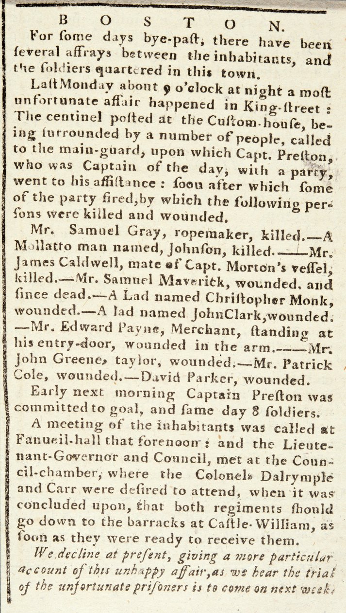 Artikkeli Boston Chroniclesta, jossa kerrotaan Bostonin joukkomurhan tapahtumista 5. maaliskuuta 1770 (sanomalehtipaperi) tekijältä American School