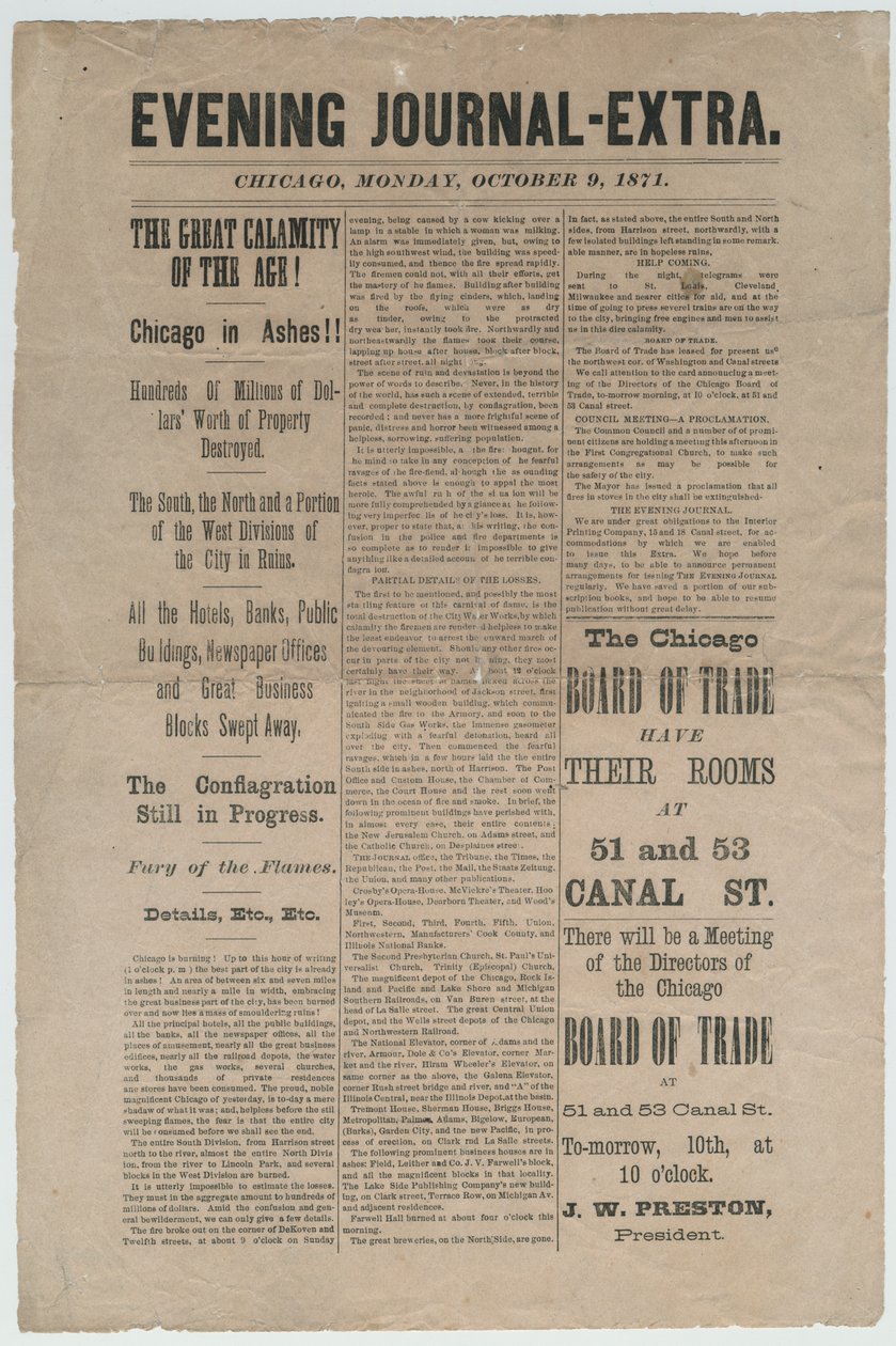Artikkeli Chicago Evening Journal-Extrasta koskien Chicagon tulipaloa 1871, 9. lokakuuta 1871 (sanomalehtipaperi) tekijältä American School