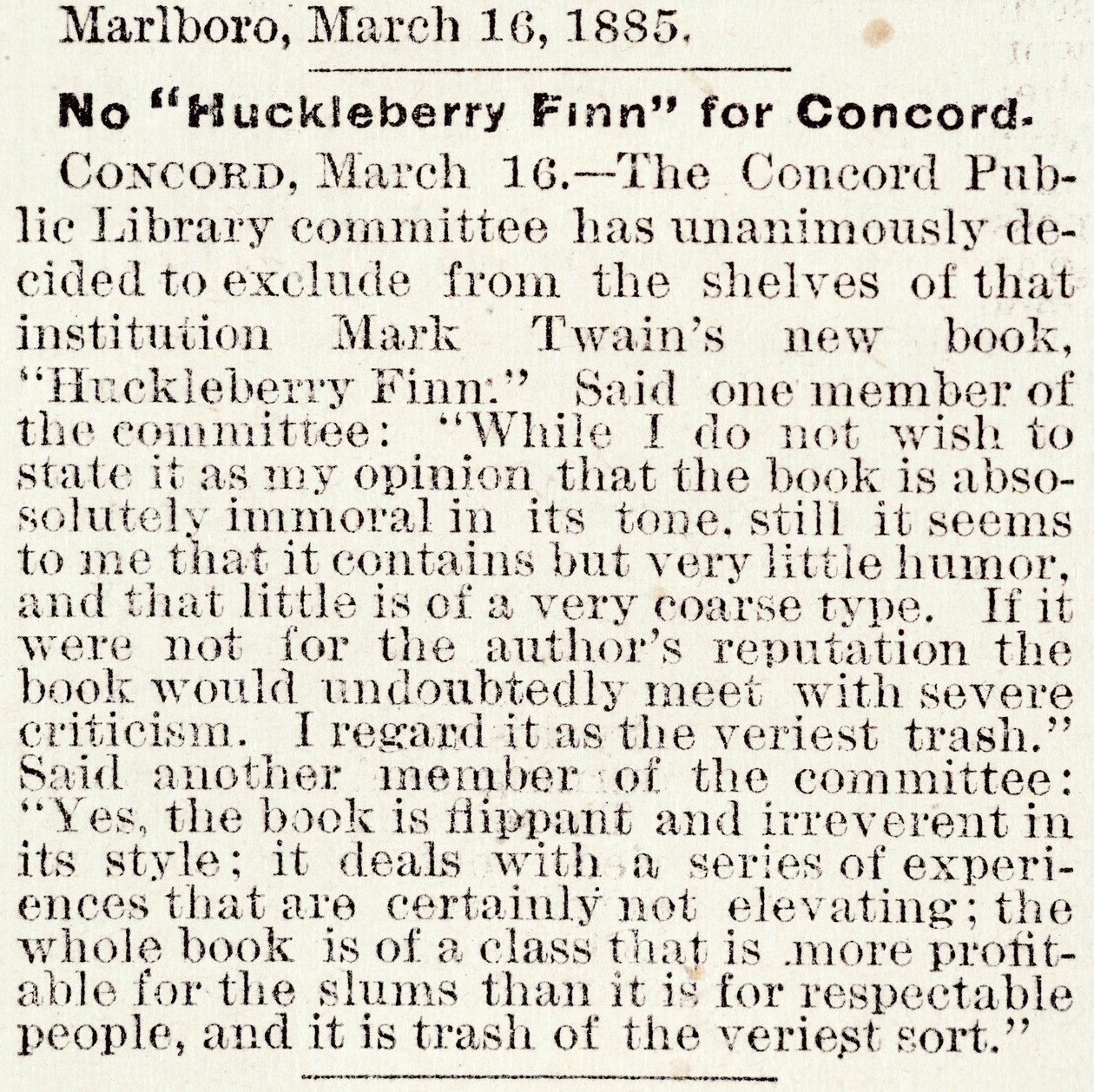 Artikkeli Boston Daily Globessa, joka koskee Huckleberry Finnin kieltämistä Concordissa, Massachusettsissa, 16. maaliskuuta 1885 alkaen (sanomalehtipaperi) tekijältä American School