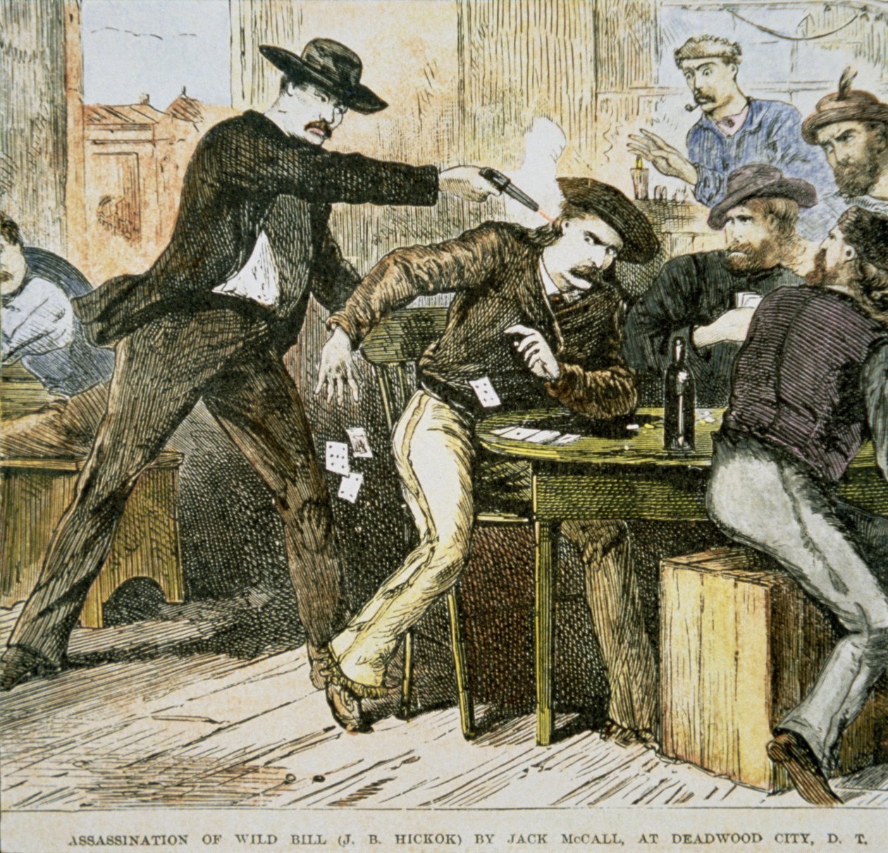 Jack McCallin "Wild Billin" (W.B. Hickok) salamurha Deadwood Cityssä, Dakota Territoryssa, 2. elokuuta 1876 (värilitho) tekijältä American School