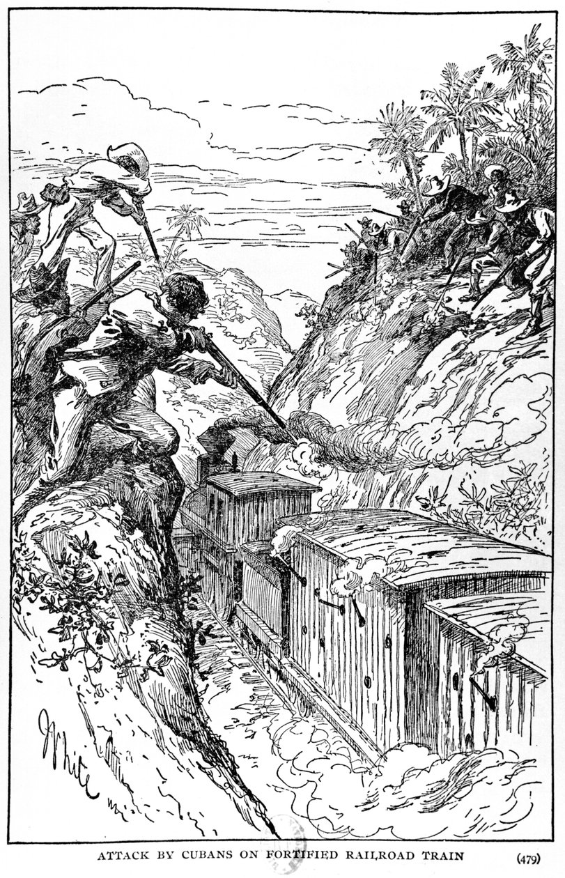Kuubalaisten hyökkäys linnoitettuun rautatiejunaan, kuvitus Murat Halsteadin The Story of Cubasta, julkaistu 1898 tekijältä American School