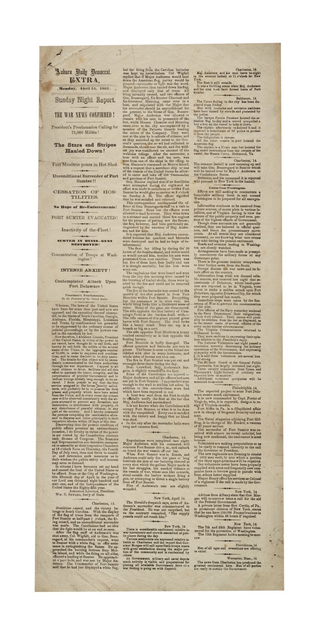 Auburn Daily Democrat Extra Re: Fort Sumter, 15. huhtikuuta 1861 tekijältä American School