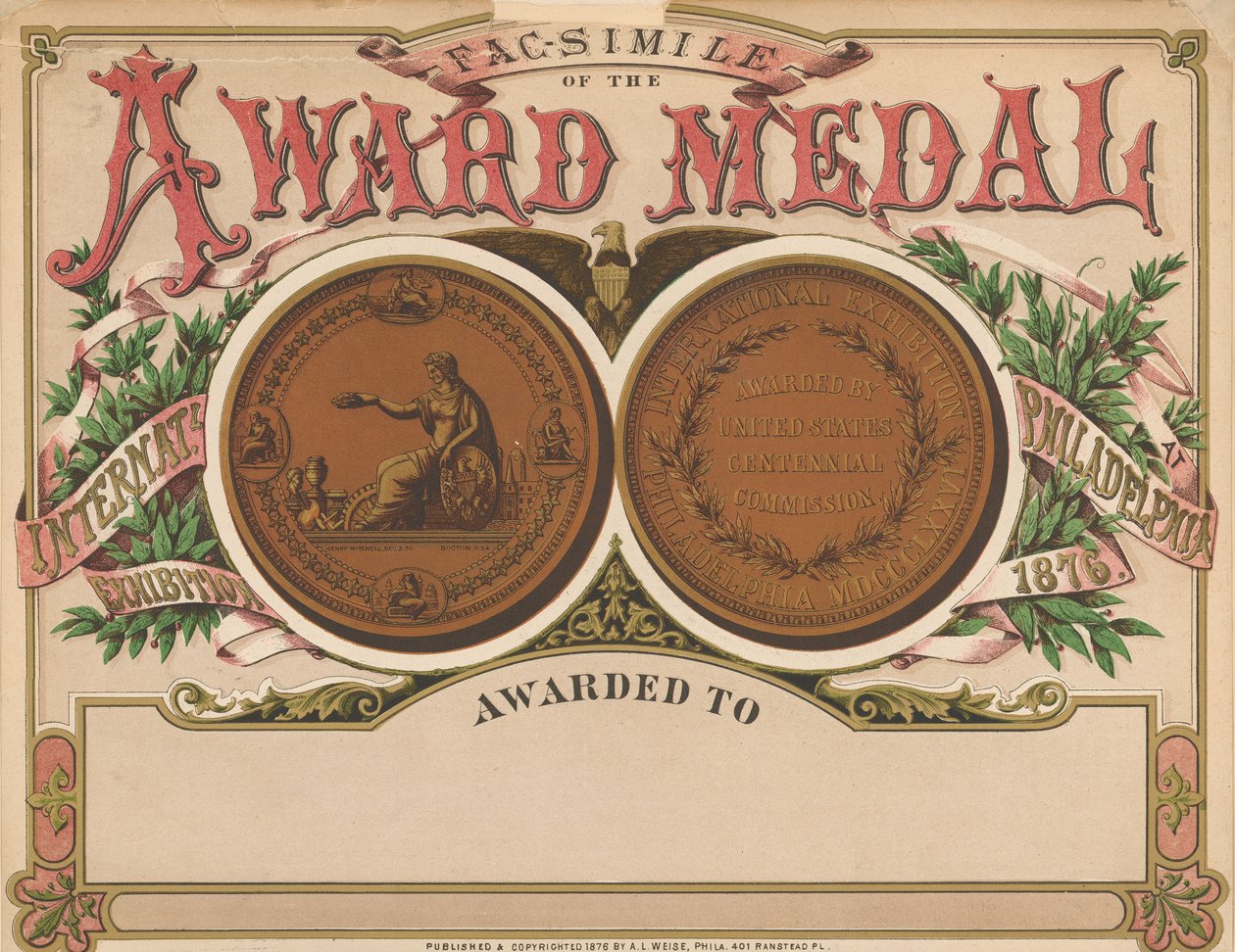"Award Medal", 100-vuotisnäyttelyn leikekirja, 1876 tekijältä American School
