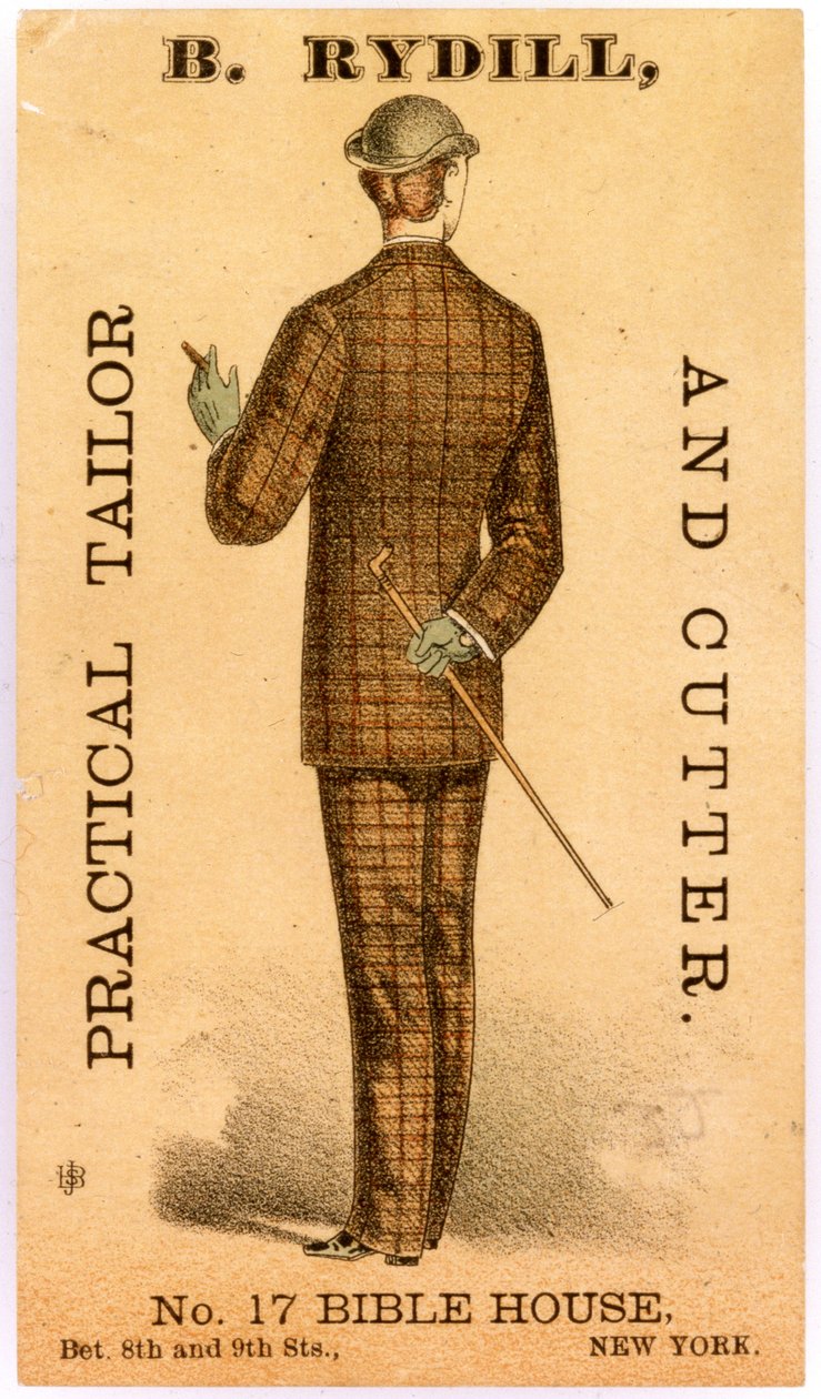 B. Rydill, Practical Tailor ja Cutter, No. 17 Bible House, 8. ja 9. Streetin välissä. New York., 1886 (litografia [kauppakortti]) tekijältä American School