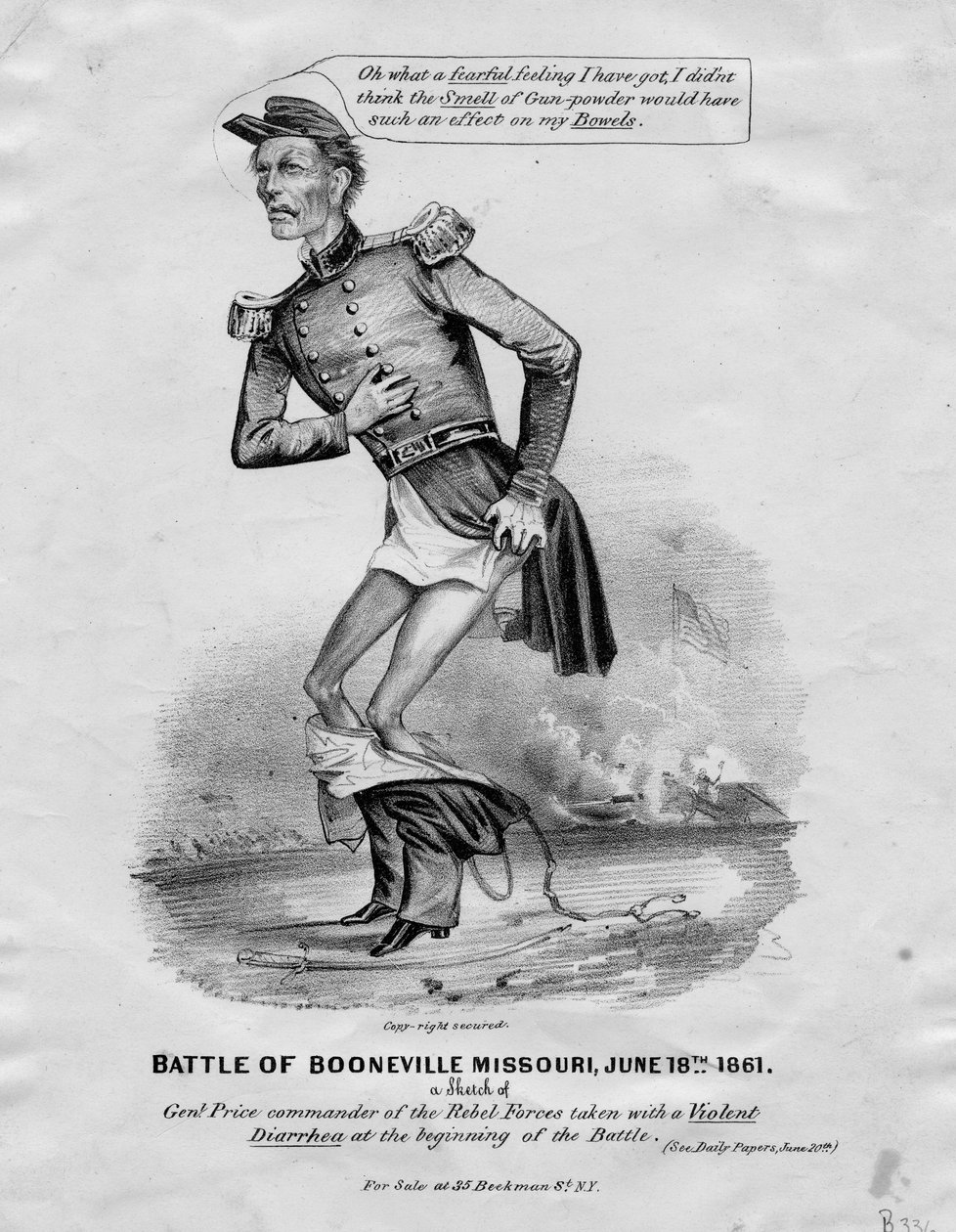 Boonvillen taistelu, Missouri, 18. kesäkuuta 1861: luonnos Genl. Hinta otettu väkivaltaisesta ripulista taistelun alussa, julkaistu New Yorkissa, 1861 tekijältä American School