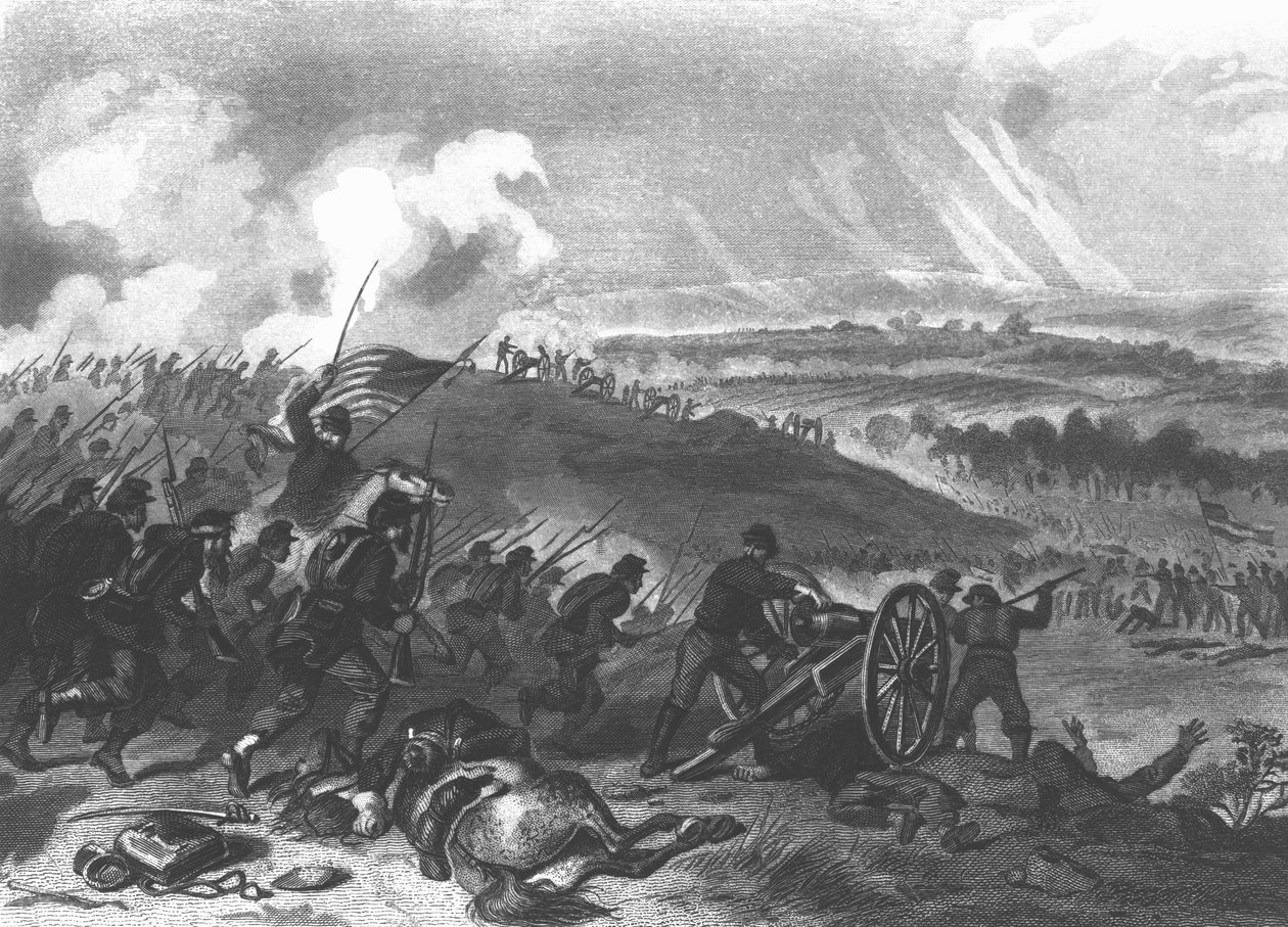 Gettysburgin taistelu - Unionin joukkojen viimeinen panos Cemetery Hillissä, 1863 pub. 1865 tekijältä American School