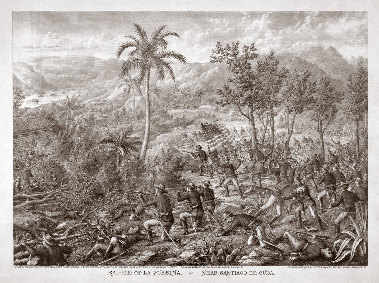 La Quasinan taistelu Santiago de Cuban lähellä, pub. 1898 (kaiverrus) tekijältä American School
