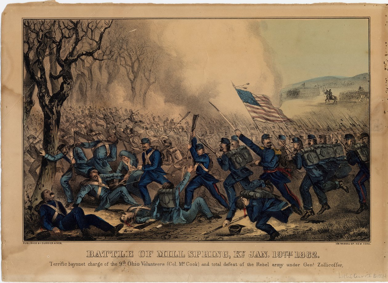 Battle of Mill Spring, Ky. 19. tammikuuta 1862, pub. kirjoittanut Currier & Ives, n. 1862 tekijältä American School