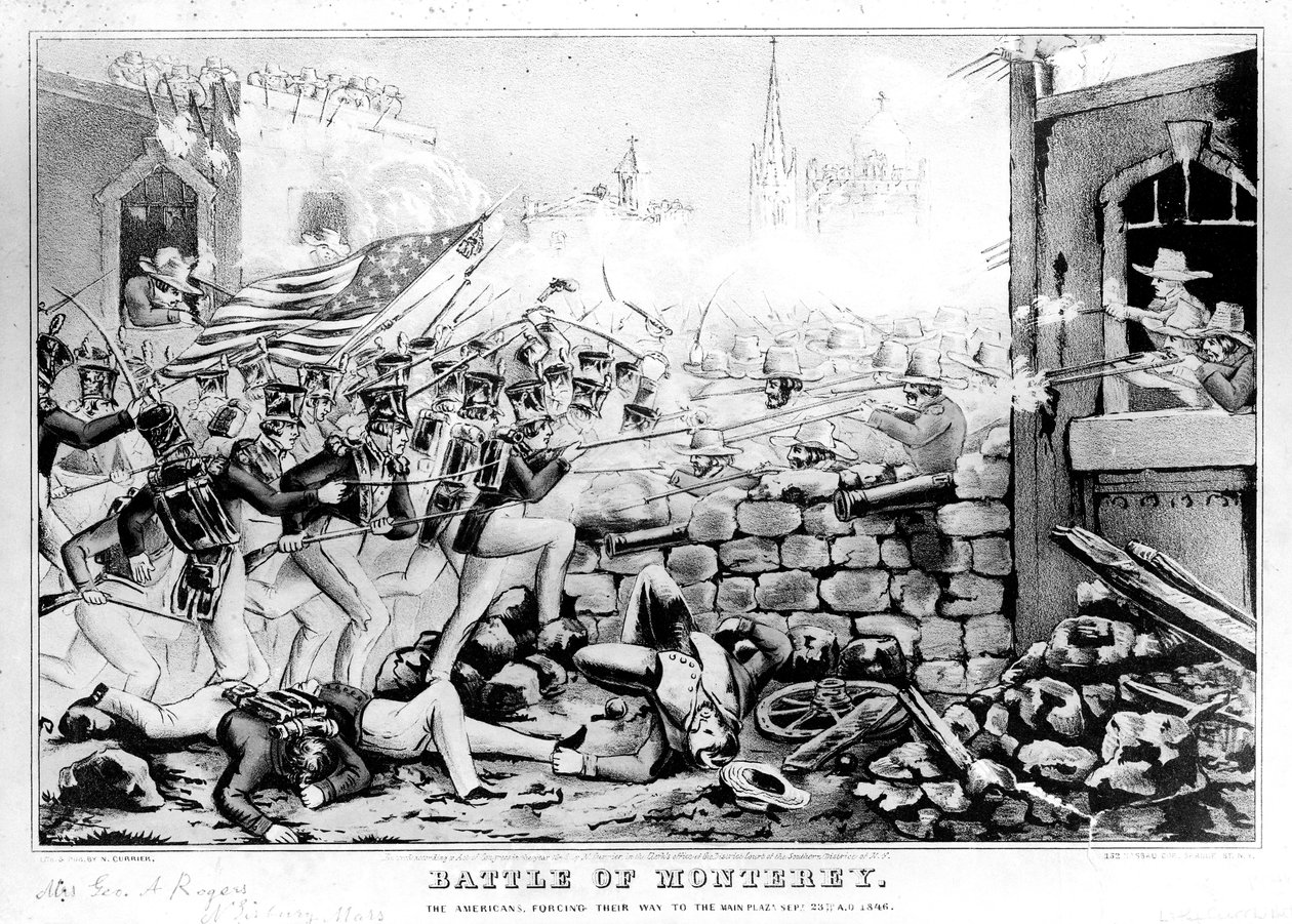 Montereyn taistelu: Amerikkalaiset pakottavat tiensä Main Plazalle, 23. syyskuuta 1846, kaiverrettu ja julkaissut Nathanial Currier (1813-88) tekijältä American School