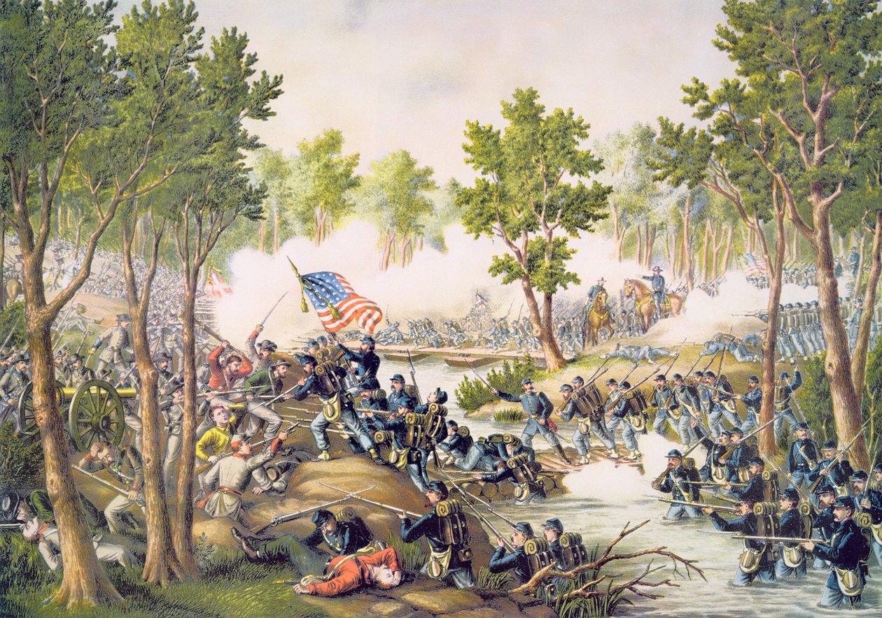 Spottsylvanian taistelu, toukokuu 1864, kaiverrus Kurz & Allison tekijältä American School
