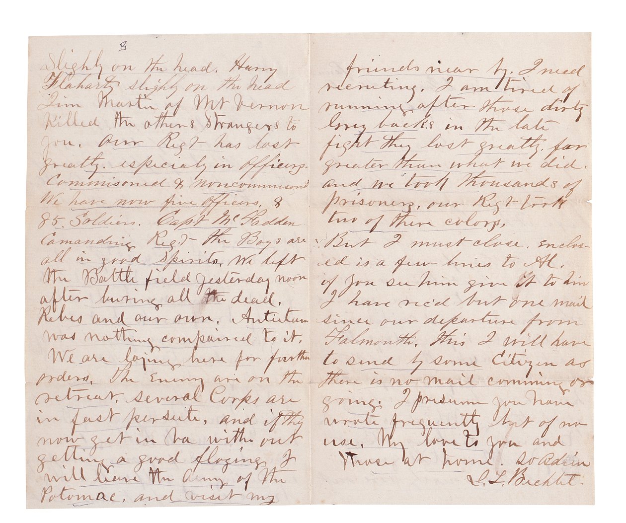 G. L. Brehctin kirjoittama taistelukertomuskirje (tussi ja muste paperille). tekijältä American School