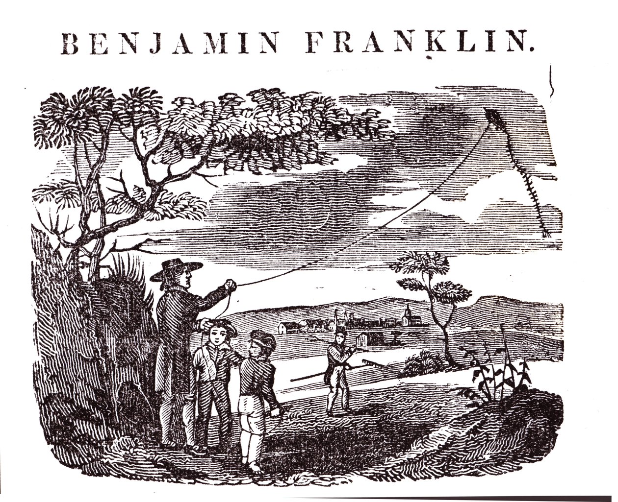 Benjamin Franklin (1706-90) suorittaa leijakokeilunsa tekijältä American School