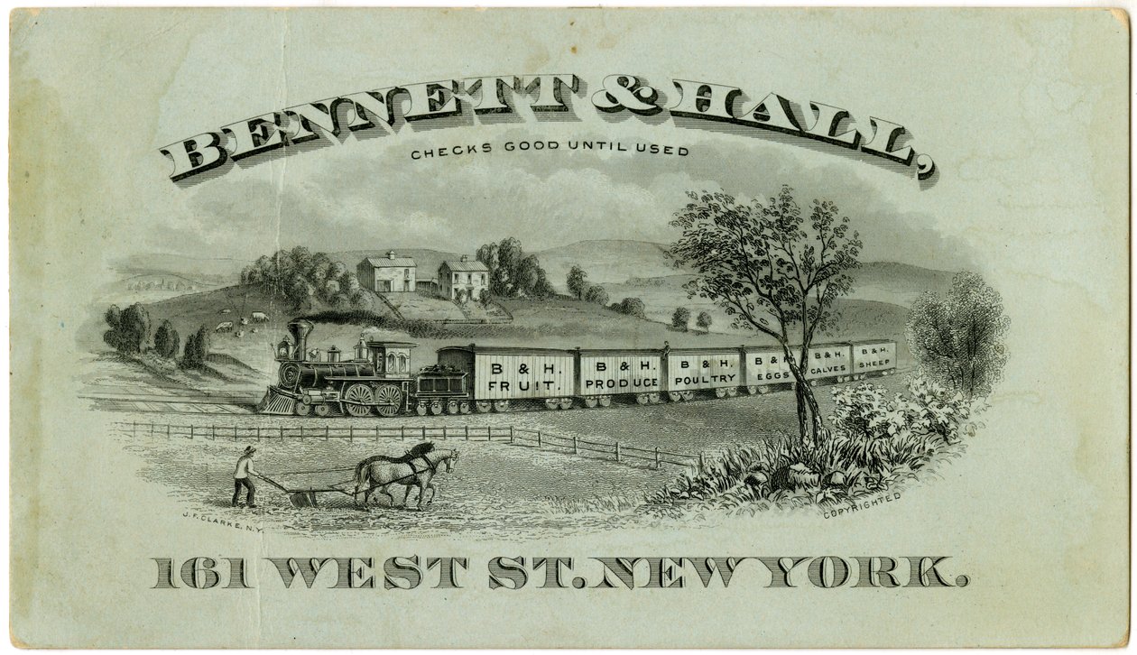 Bennett & Hall -yrityskortti [suorapuoli], 1882 (kaiverrettu litografia [yrityskortti]). tekijältä American School