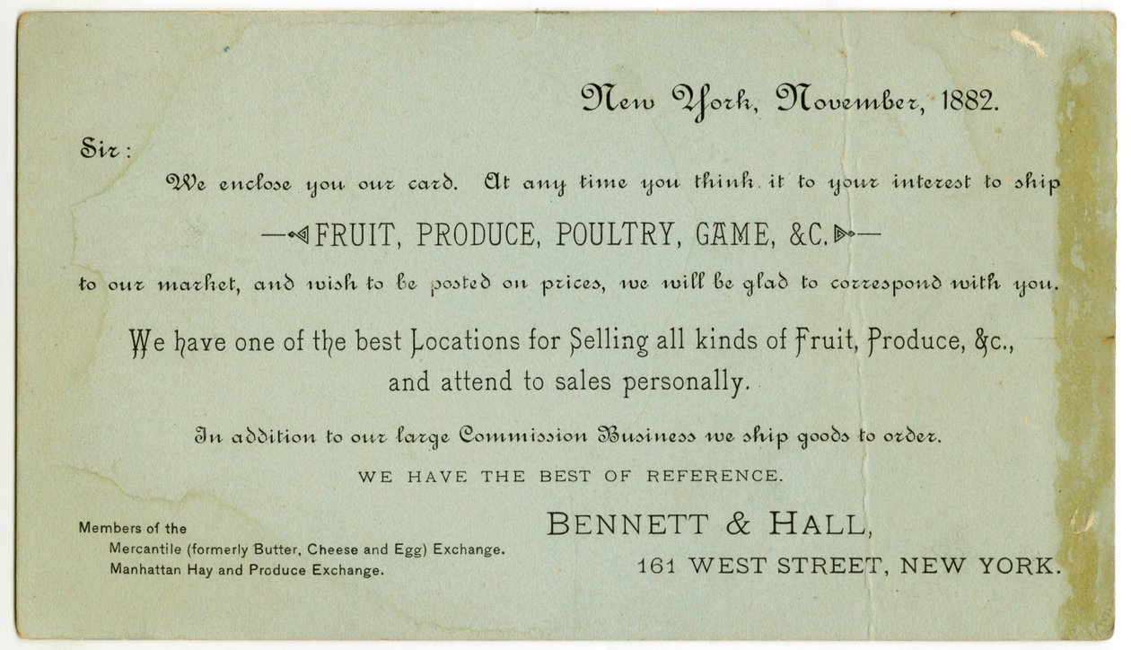 Bennett & Hall -yrityskortti [kääntöpuoli], 1882 (kaiverrettu litografia [yrityskortti]). tekijältä American School