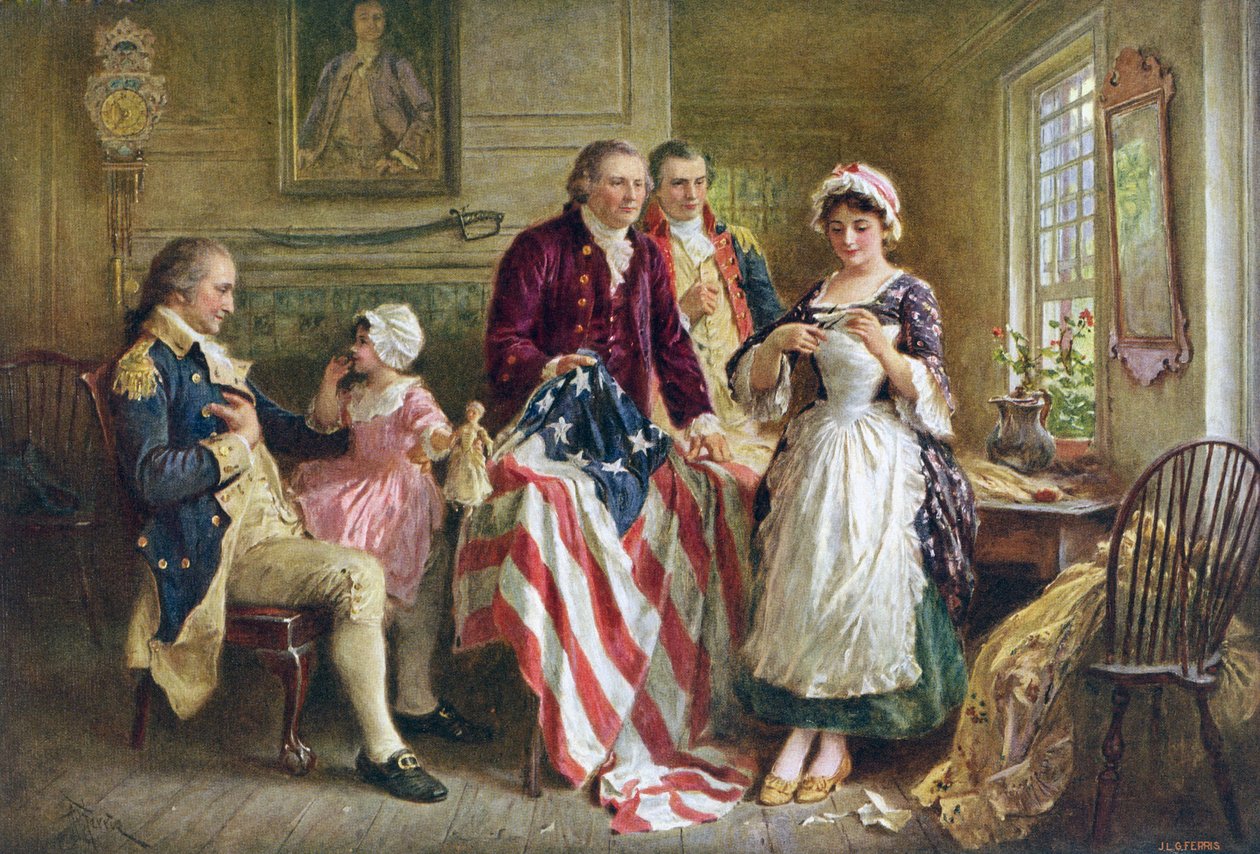 Betsy Ross ompelee Amerikan lippua tekijältä American School