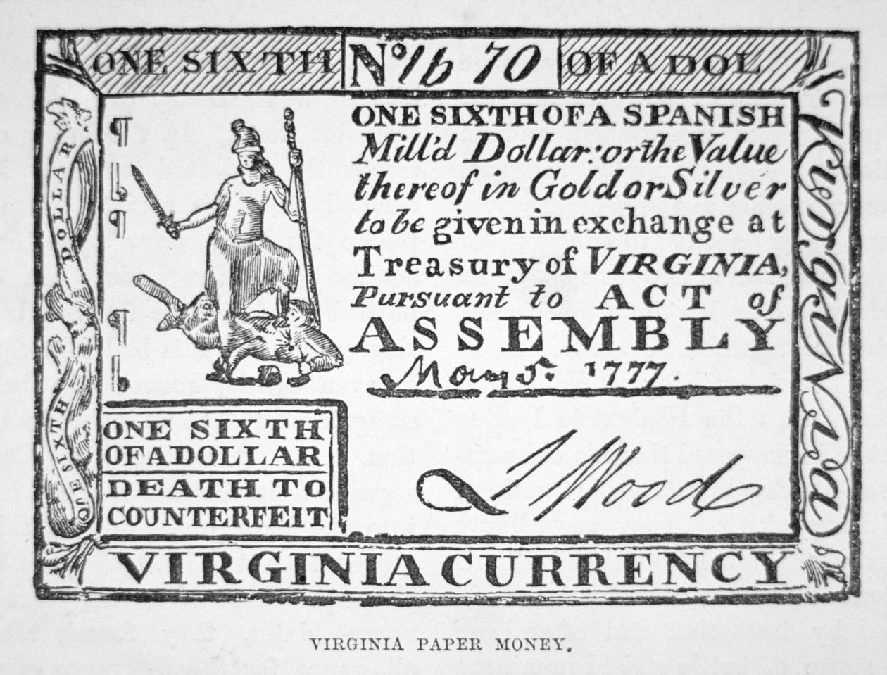 Lasku kuudesosaa dollaria, Virginia paperirahaa 1777 (litho) tekijältä American School
