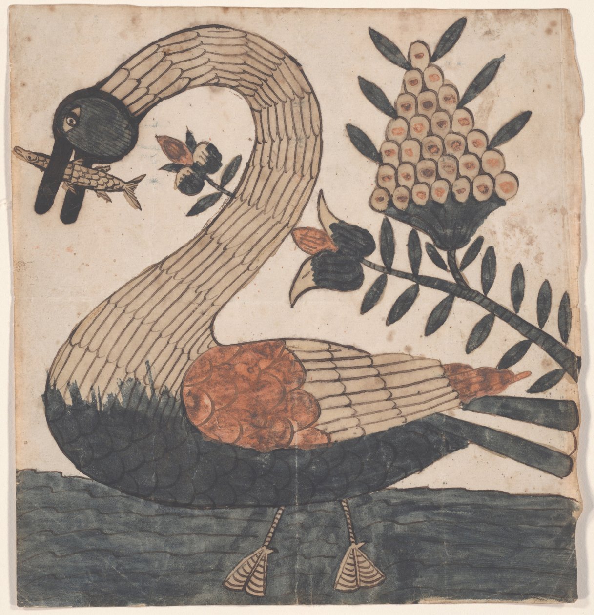 Lintu kalan kanssa, Fraktur-maalaus, n. 1810 tekijältä American School