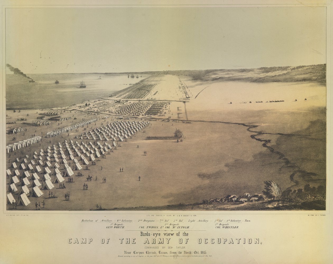 Lintuperspektiivikuva miehitysarmeijan leiristä, painanut G & W Endicott, New York, 1847 tekijältä American School