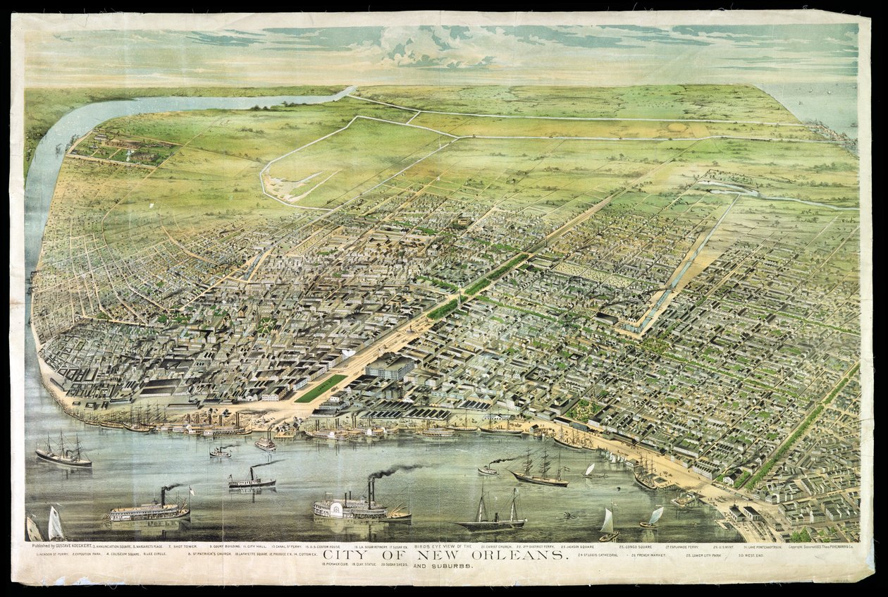 Lintuperspektiivi New Orleansiin ja lähiöihin, 1873 tekijältä American School