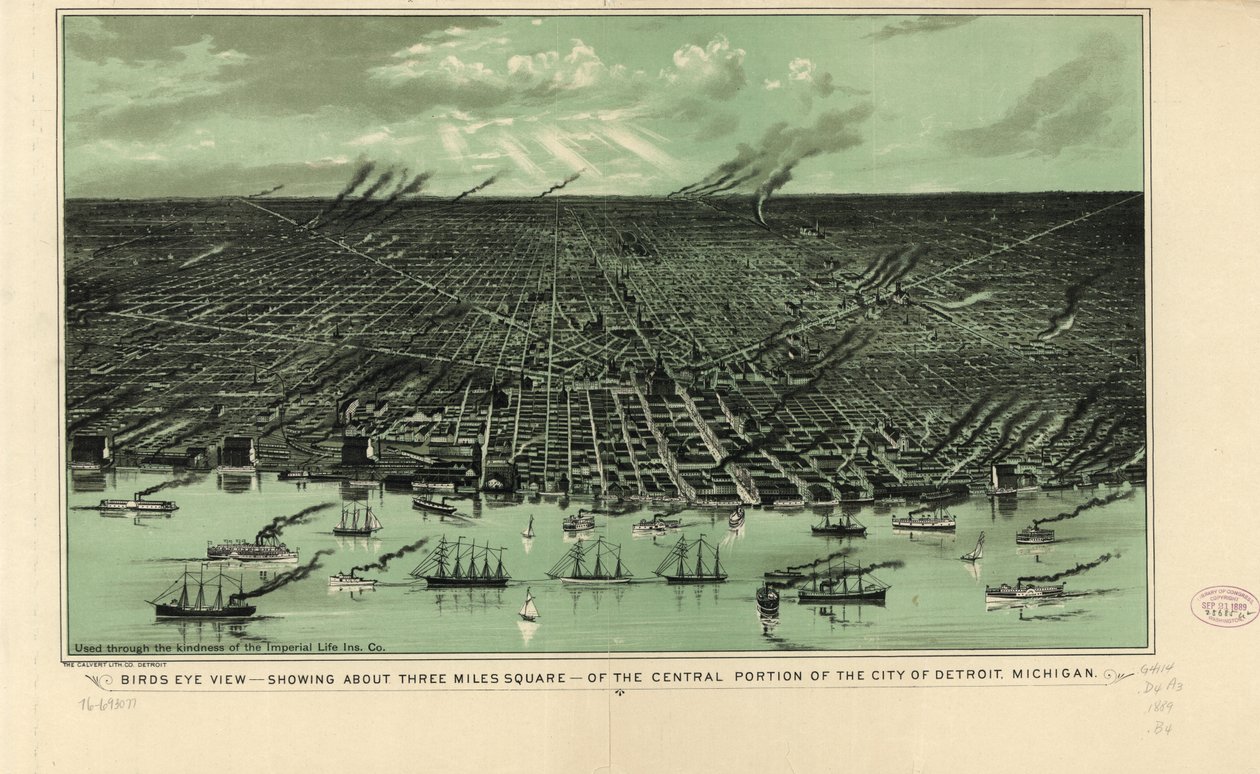 Lintuperspektiivi - näyttää noin kolme neliökilometriä - Detroitin kaupungin keskustasta Michiganissa, noin 1889 (litho) tekijältä American School