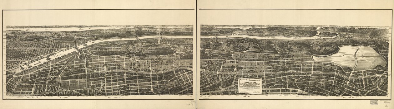 Lintuperspektiivikuva New Yorkin kaupungin 23. ja 24. seurakunnan osasta, joka sijaitsee länteen New Yorkin ja Harlem Railroadista, sekä Grand Boulevardista ja Concoursesta, jotka yhdistävät Manhattanin saaren Harlem-joen pohjoispuolella sijaitsevaan puist tekijältä American School