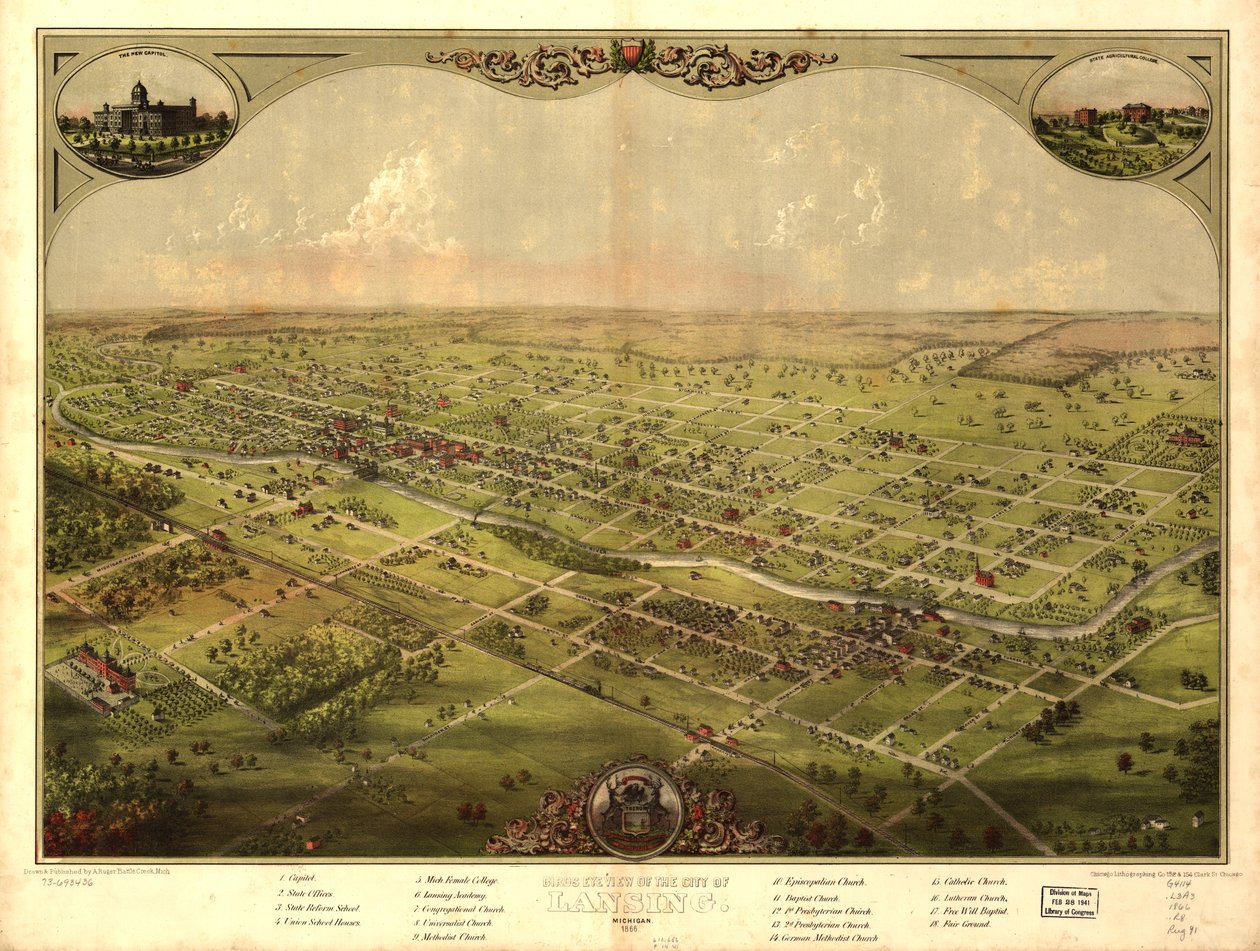Lintuperspektiivistä Lansingin kaupunkiin, Michiganissa 1866 (väri litho) tekijältä American School