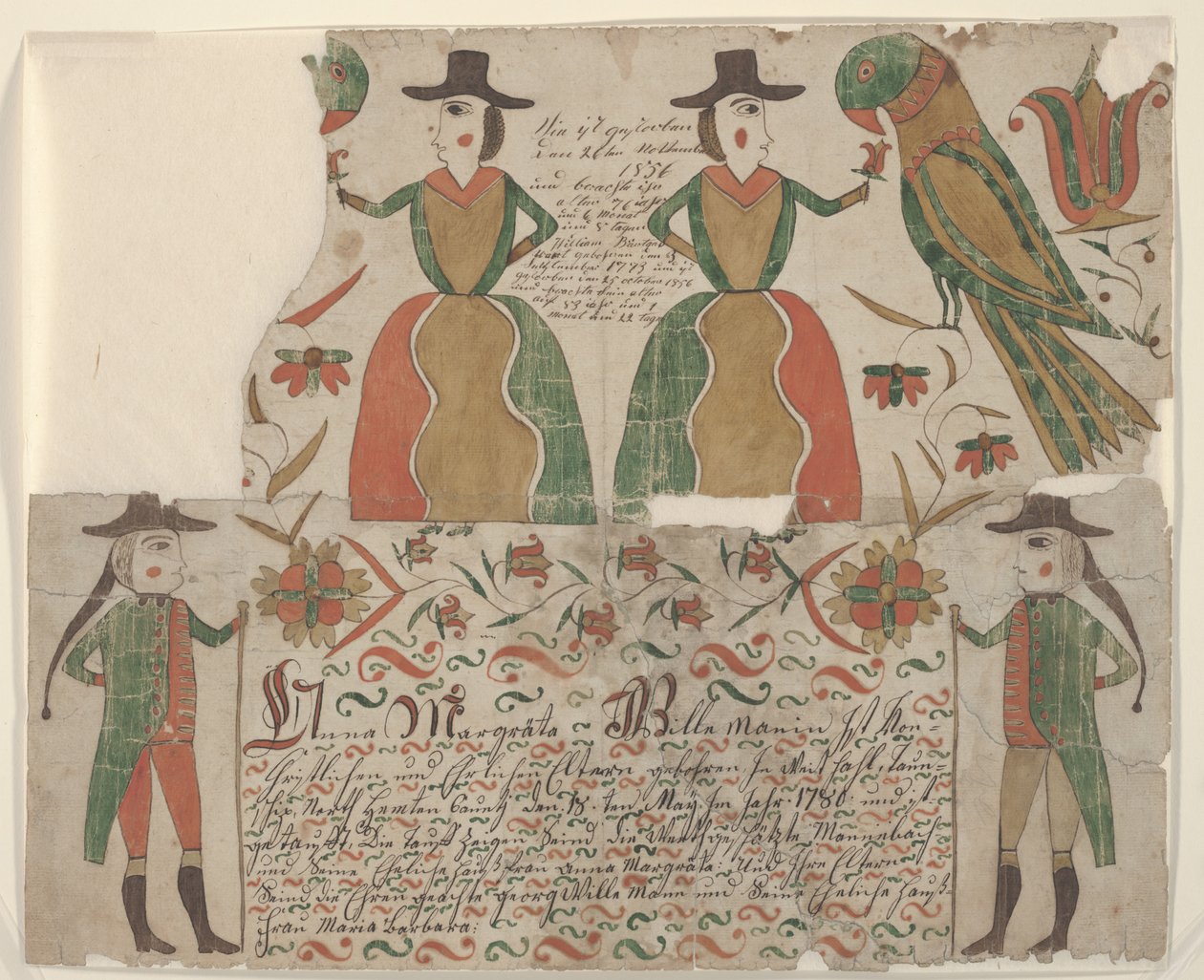 Syntymä- ja kastetodistus Anna Margräta Willemanille, Fraktur Painting, n. 1810 (kynä & muste wc:llä paperilla) tekijältä American School