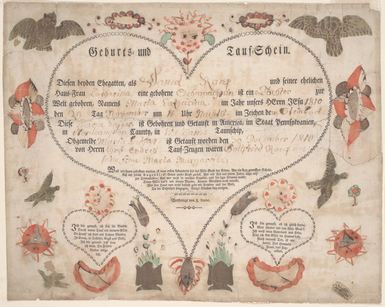 Maria Catharina Raupin syntymä- ja kastetodistus (Geburts und Taufschein) n. 1806 (kynä ja muste vesivärillä paperille) tekijältä American School